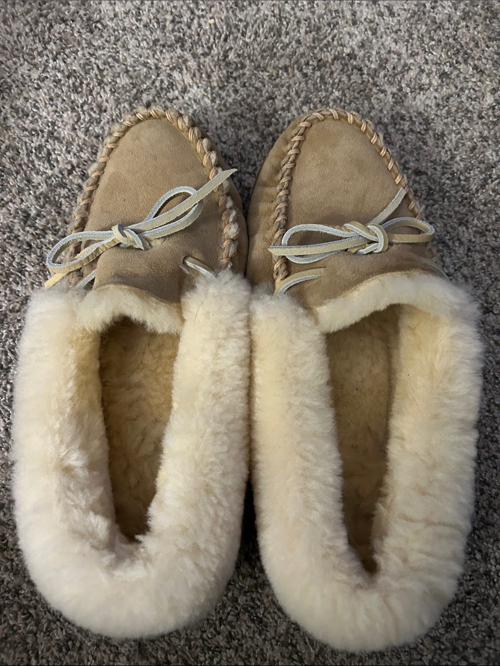 L.L. Bean Tan Suede Moccasin Slippers with Cream Shearling